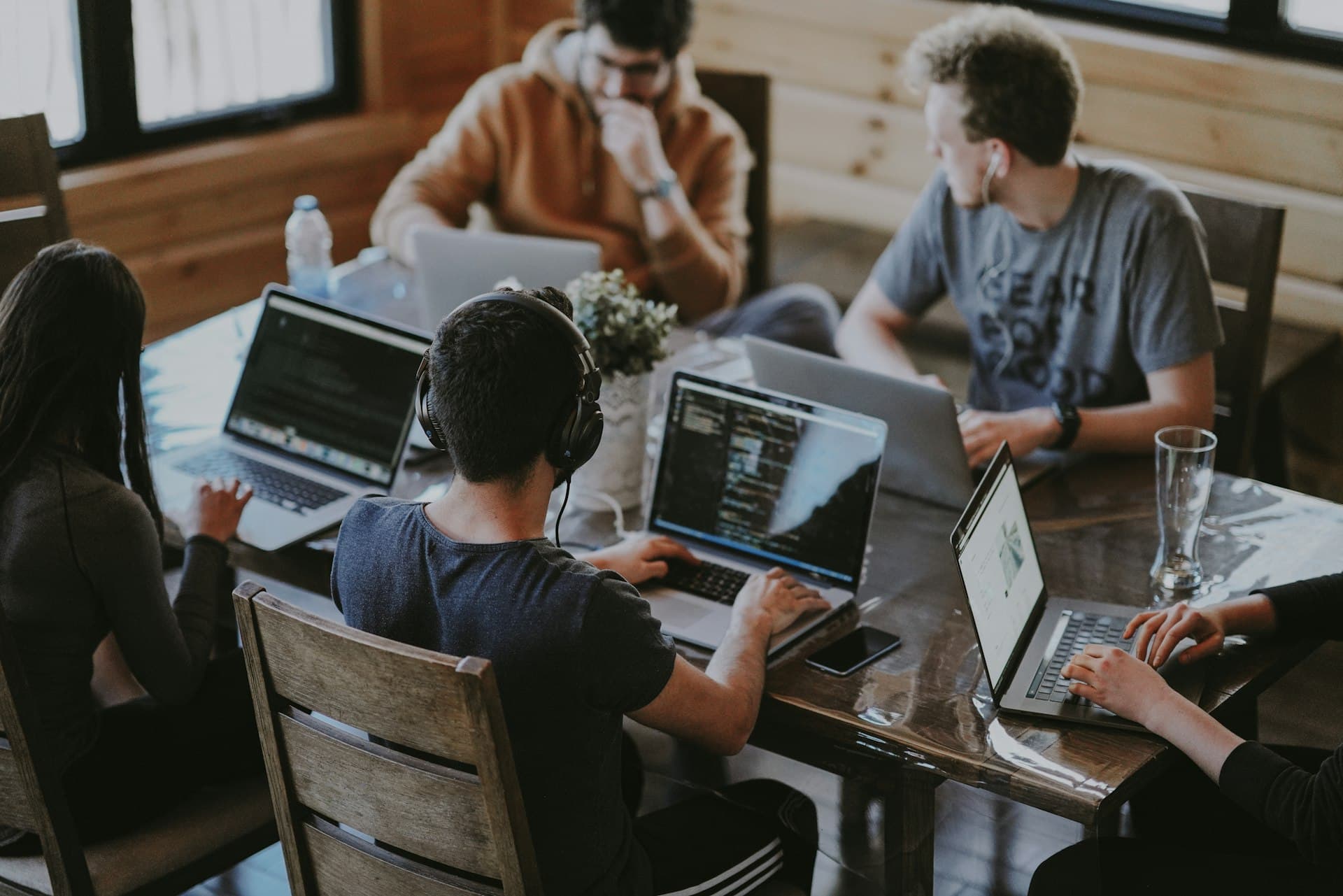 Professionals collaborating in a modern workspace
